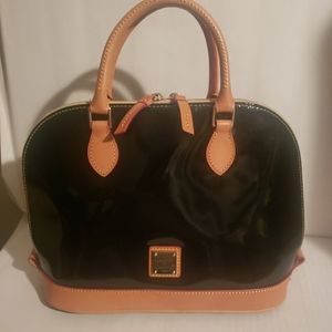 Dooney & Bourke Black Patent / Tan Leather Zip Satchel, New To You!